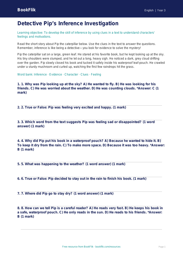 Free Inference Quiz | Grade 2 | ELA | BookFlik worksheet preview — English Inference