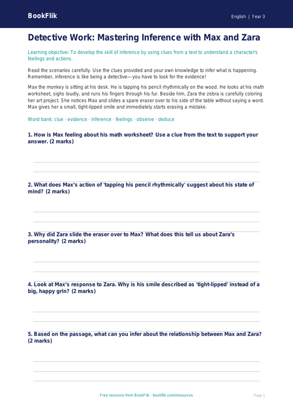 Free Inference Worksheet | Grade 2 | ELA | BookFlik worksheet preview — English Inference