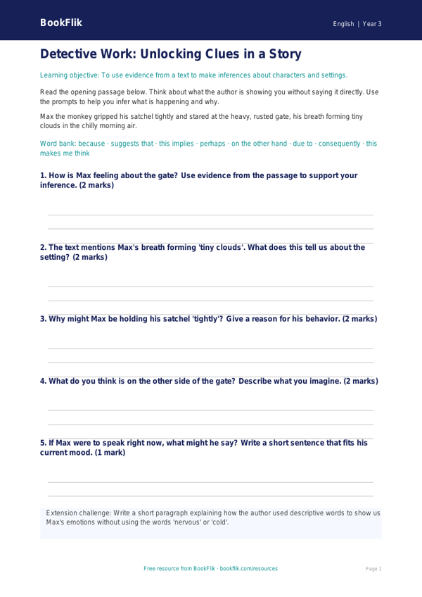 Free Inference Writing Frame | Grade 2 | ELA | BookFlik worksheet preview — English Inference