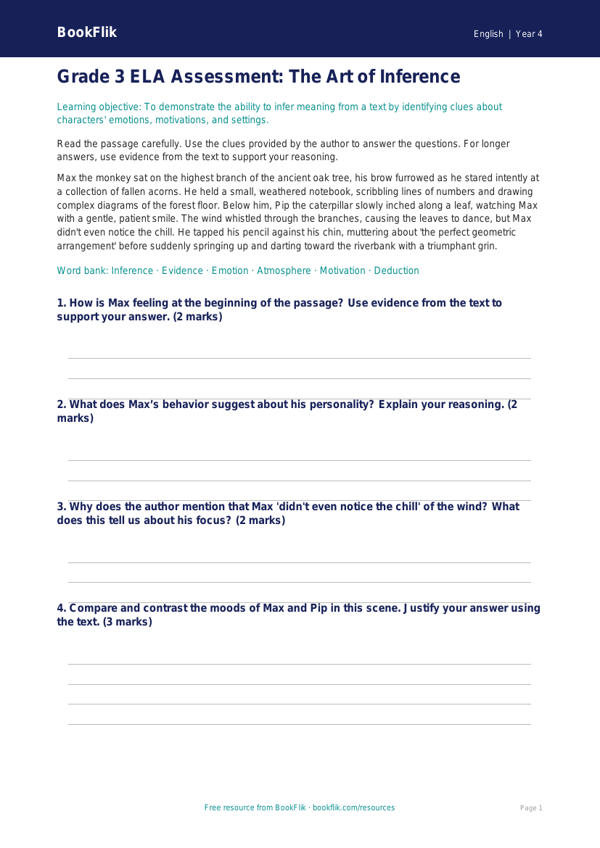 Free Inference Assessment | Grade 3 | ELA | BookFlik worksheet preview — English Inference