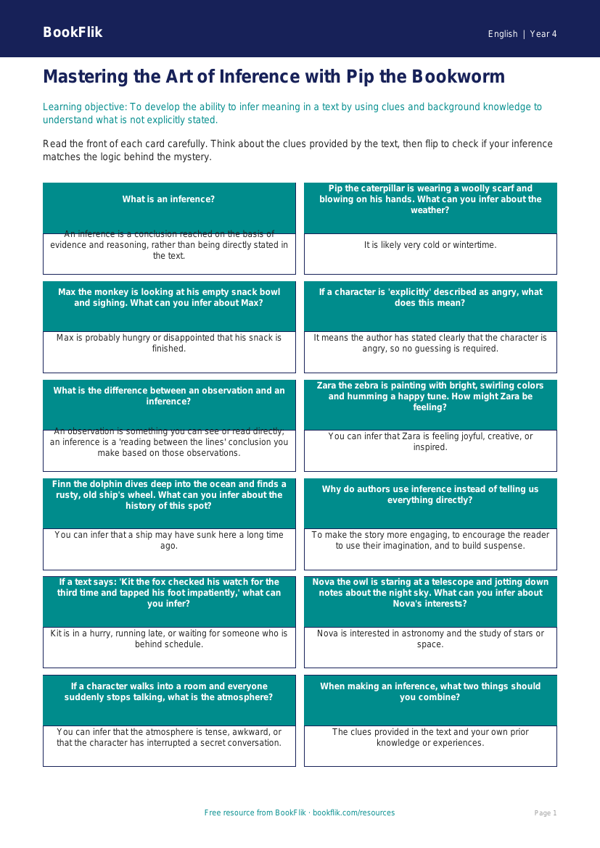 Free Inference Flashcards | Grade 3 | ELA | BookFlik worksheet preview — English Inference
