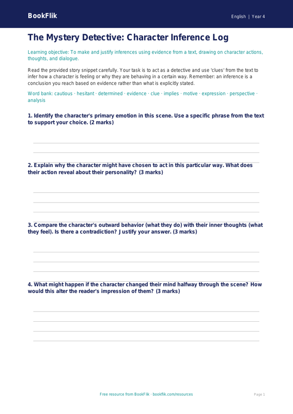 Free Inference Template | Grade 3 | ELA | BookFlik worksheet preview — English Inference