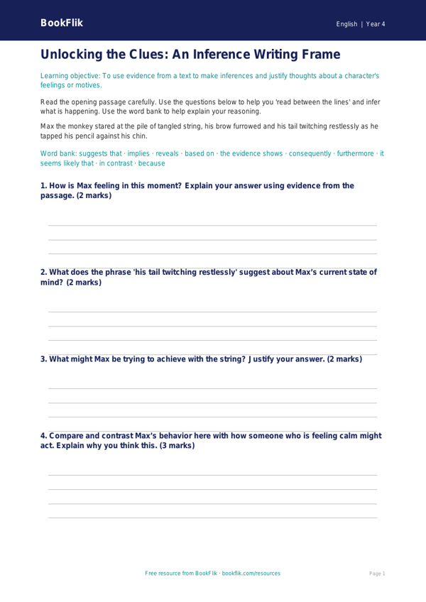Free Inference Writing Frame | Grade 3 | ELA | BookFlik worksheet preview — English Inference