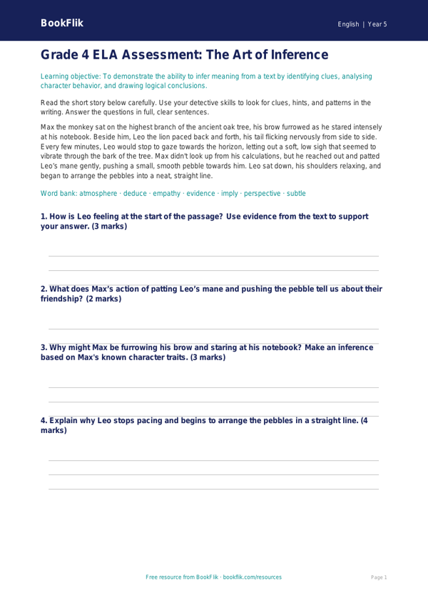 Free Inference Assessment | Grade 4 | ELA | BookFlik worksheet preview — English Inference