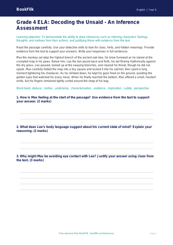 Free Inference Assessment | Grade 4 | ELA | BookFlik worksheet preview — English Inference