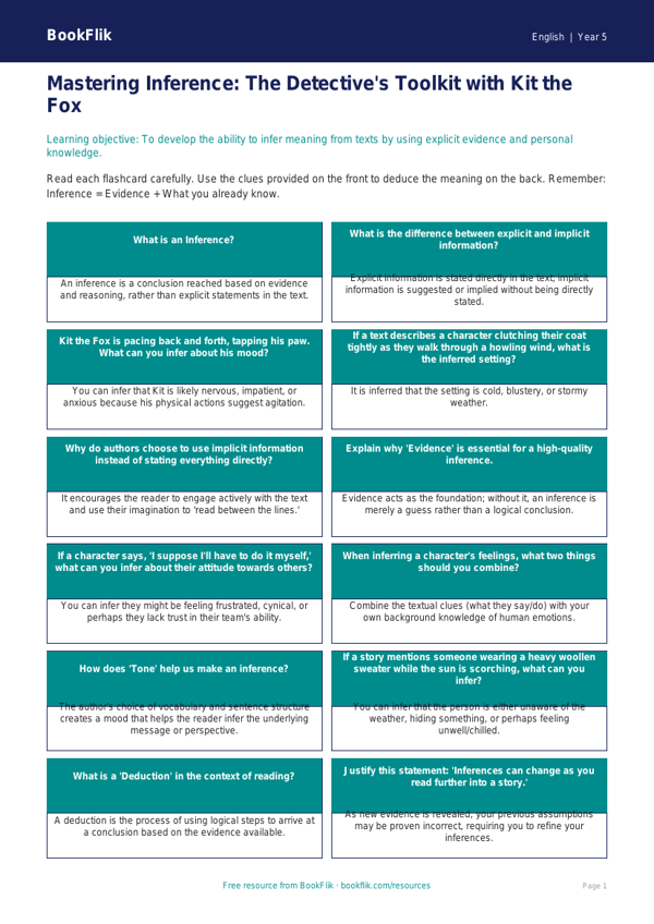 Free Inference Flashcards | Grade 4 | ELA | BookFlik worksheet preview — English Inference