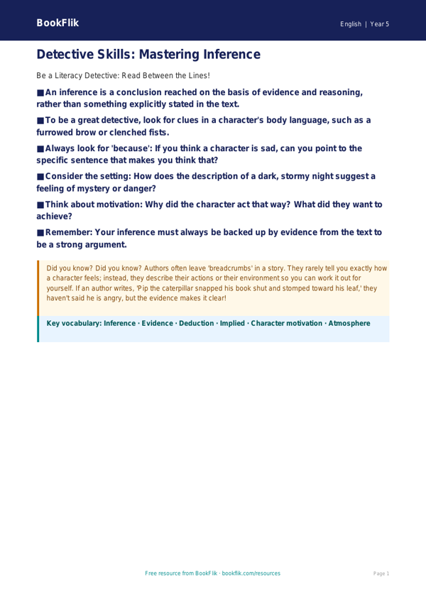 Free Inference Poster | Grade 4 | ELA | BookFlik worksheet preview — English Inference