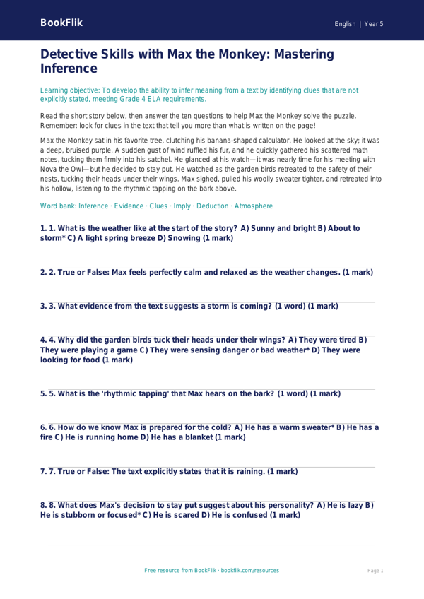 Free Inference Quiz | Grade 4 | ELA | BookFlik worksheet preview — English Inference