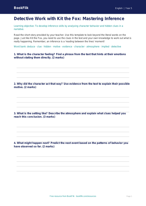 Free Inference Template | Grade 4 | ELA | BookFlik worksheet preview — English Inference