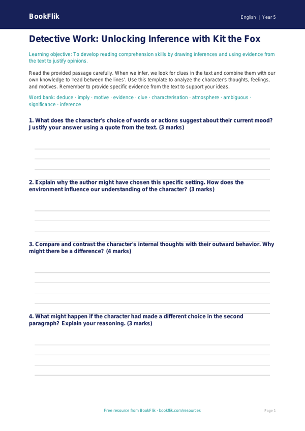 Free Inference Template | Grade 4 | ELA | BookFlik worksheet preview — English Inference