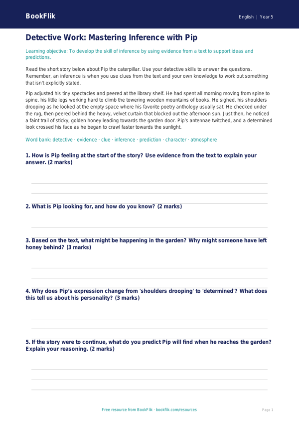 Free Inference Track Sheet | Grade 4 | ELA | BookFlik worksheet preview — English Inference