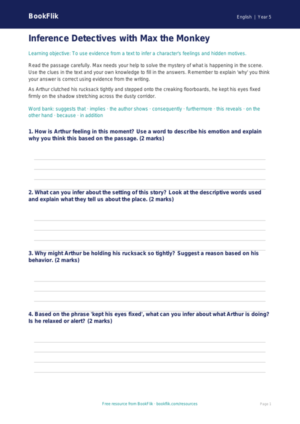 Free Inference Writing Frame | Grade 4 | ELA | BookFlik worksheet preview — English Inference