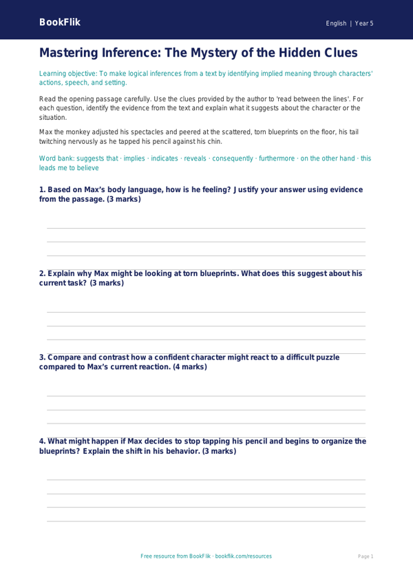 Free Inference Writing Frame | Grade 4 | ELA | BookFlik worksheet preview — English Inference