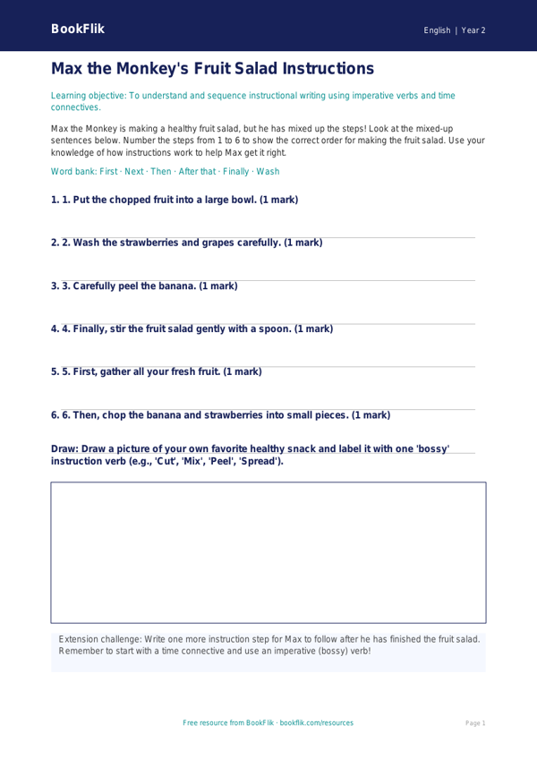 Free Instructions Activity Sheet | Grade 1 | ELA | BookFlik worksheet preview — English Instructions