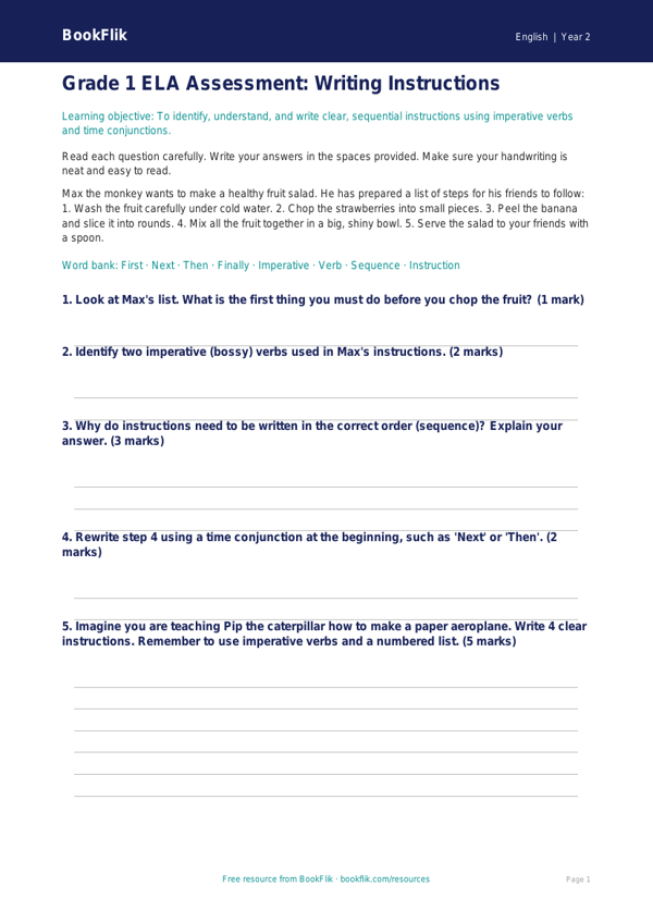 Free Instructions Assessment | Grade 1 | ELA | BookFlik worksheet preview — English Instructions