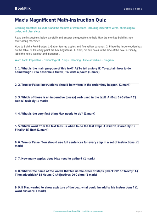 Free Instructions Quiz | Grade 1 | ELA | BookFlik worksheet preview — English Instructions