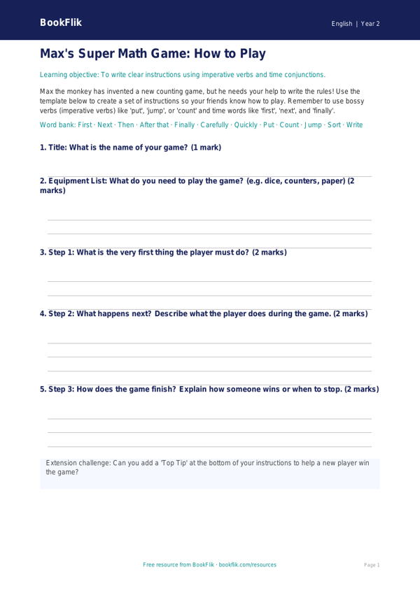 Free Instructions Template | Grade 1 | ELA | BookFlik worksheet preview — English Instructions