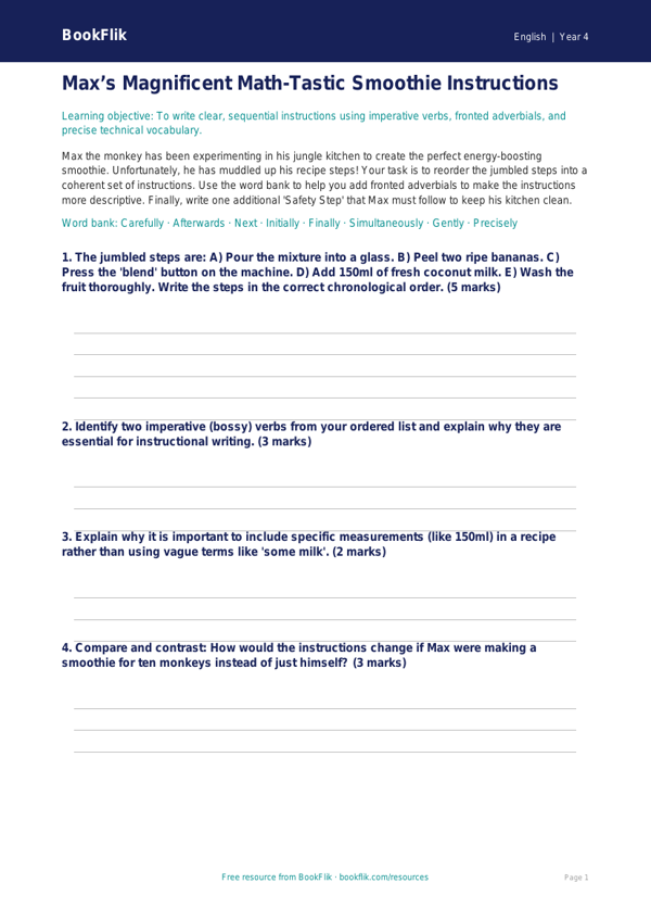 ELA instructions activity sheet grade 3 greater depth worksheet preview — English Instructions