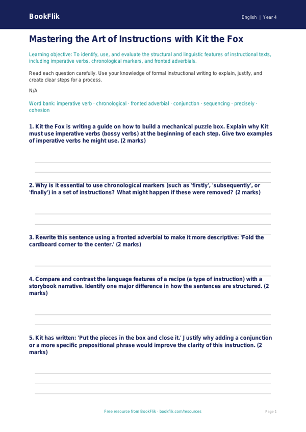Free Instructions Worksheet Grade 3 ELA | BookFlik worksheet preview — English Instructions