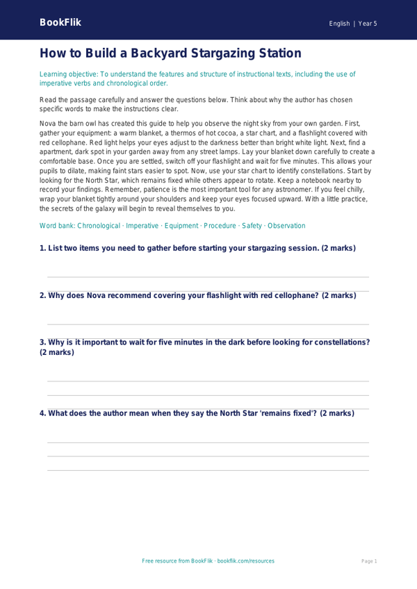 Free Instructions Comprehension | Grade 4 | ELA | BookFlik worksheet preview — English Instructions