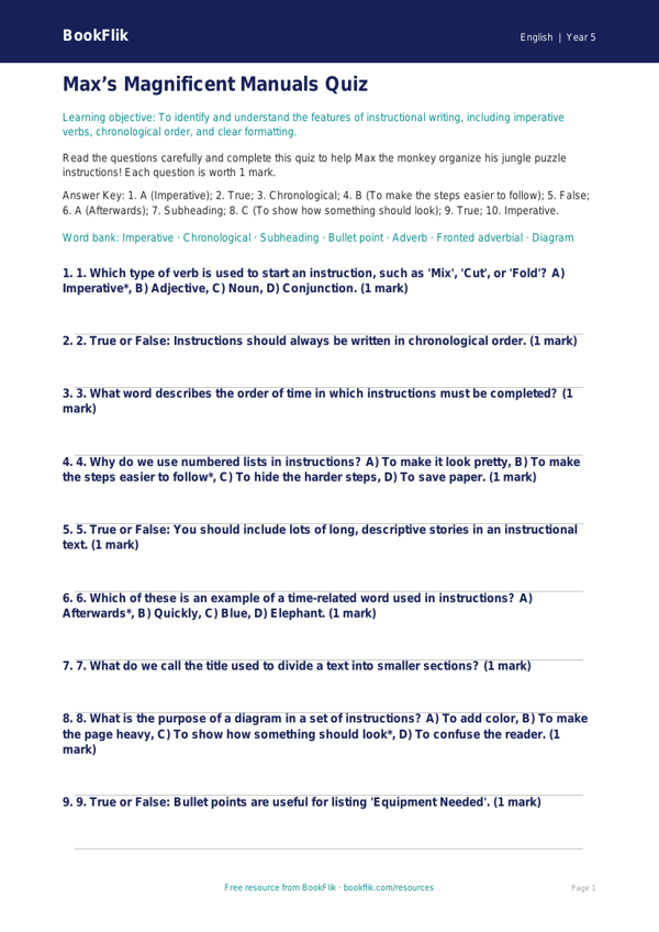 Free Instructions Quiz | Grade 4 | ELA | BookFlik worksheet preview — English Instructions