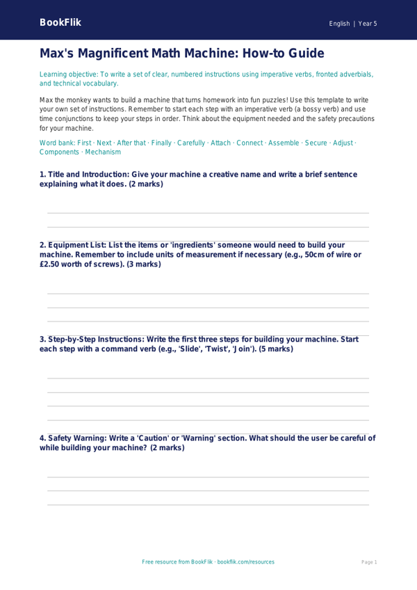 How to Write Instructions Template | Grade 4 ELA | BookFlik worksheet preview — English Instructions