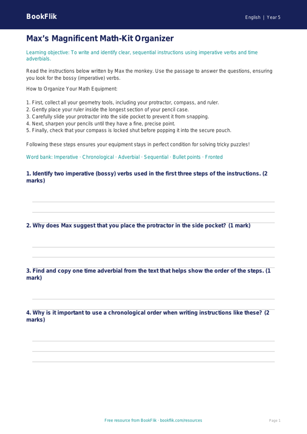 Free Instructions Track Sheet | Grade 4 | ELA | BookFlik worksheet preview — English Instructions