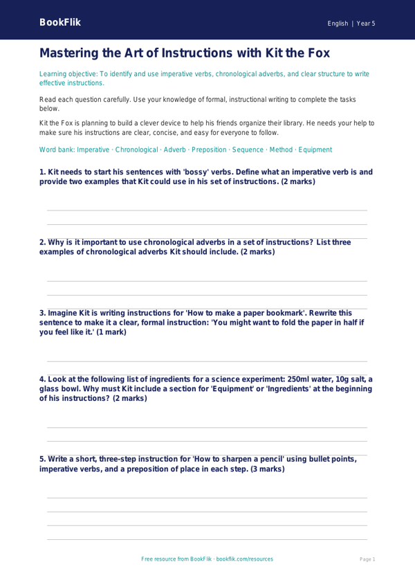 Free Instructions Worksheet | Grade 4 | ELA | BookFlik worksheet preview — English Instructions