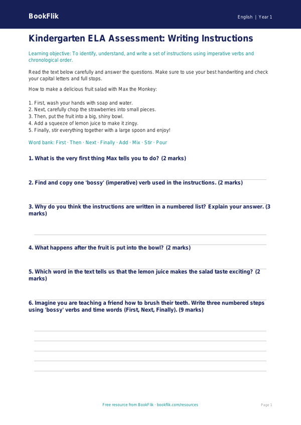 Free Instructions Assessment | Kindergarten | ELA | BookFlik worksheet preview — English Instructions
