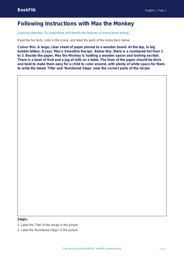 Following Instructions Colouring Page | Kindergarten ELA | BookFlik worksheet preview — English Instructions