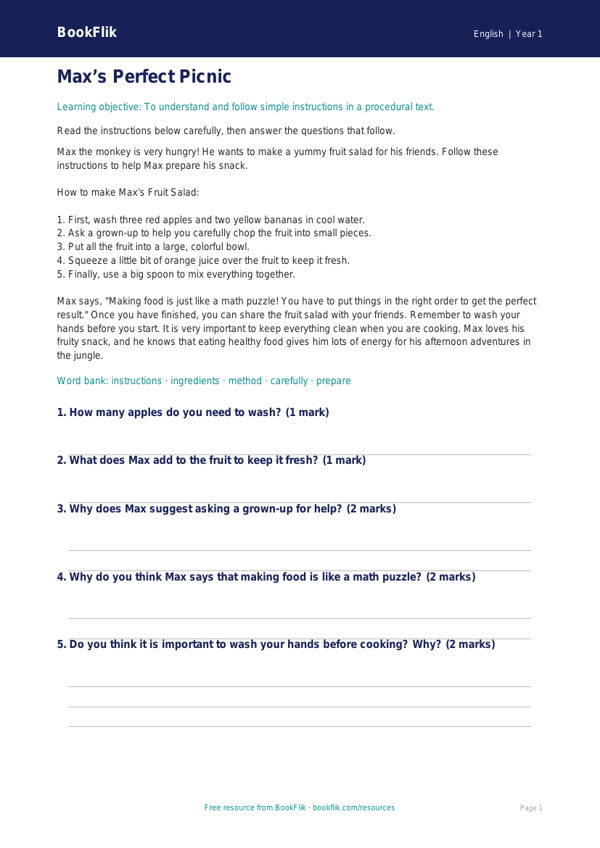 Free Instructions Comprehension | Kindergarten | ELA | BookFlik worksheet preview — English Instructions