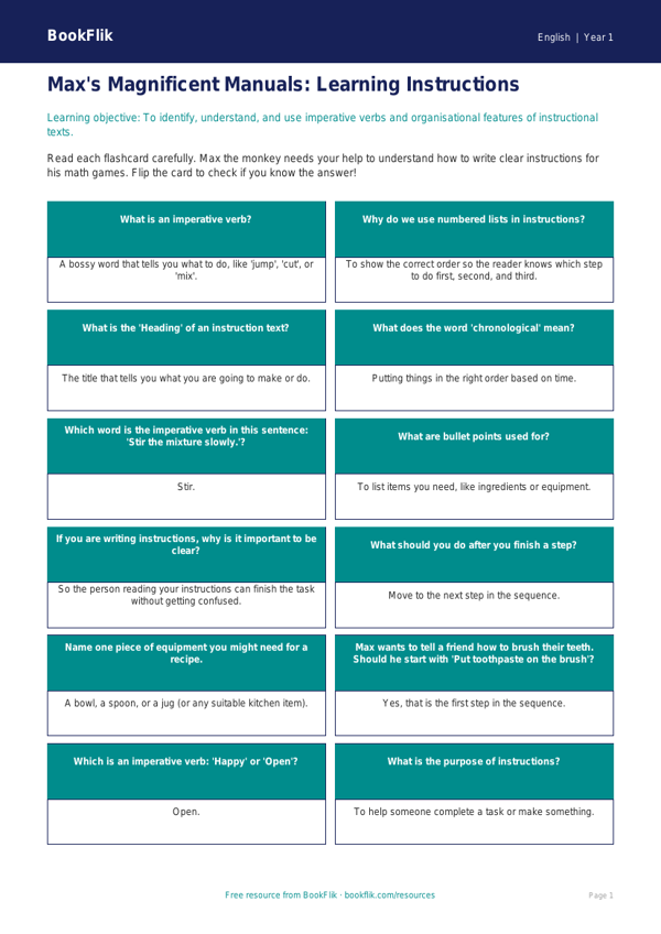 Free Instructions Flashcards | Kindergarten | ELA | BookFlik worksheet preview — English Instructions