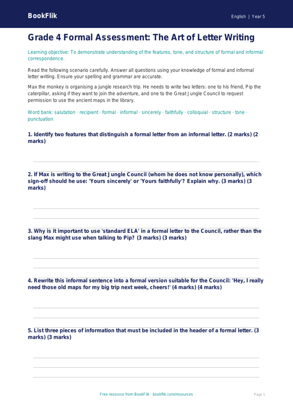 Free Letter Writing Assessment | Grade 4 | ELA | BookFlik worksheet preview — English Letter Writing