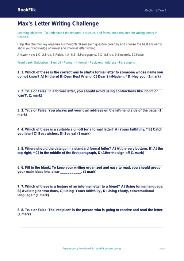 Free Letter Writing Quiz | Grade 4 | ELA | BookFlik worksheet preview — English Letter Writing