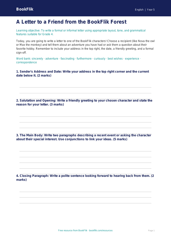 Free Letter Writing Template | Grade 4 | ELA | BookFlik worksheet preview — English Letter Writing