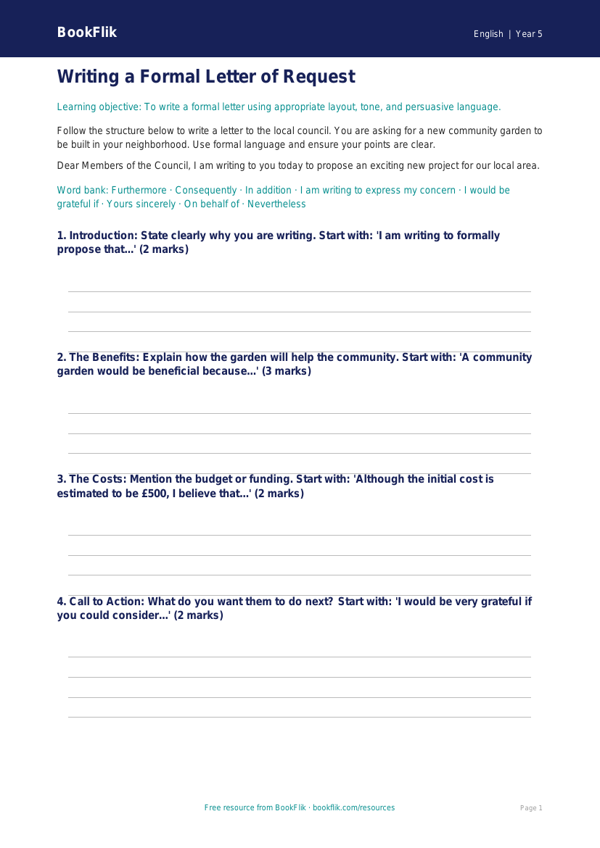 Free Letter Writing Writing Frame | Grade 4 | ELA | BookFlik worksheet preview — English Letter Writing
