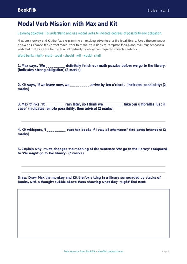 Free Modal Verbs Activity Sheet | Grade 4 | ELA | BookFlik worksheet preview — English Modal Verbs
