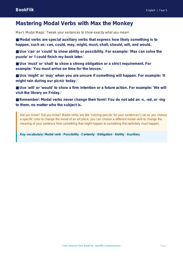 Free Modal Verbs Poster | Grade 4 | ELA | BookFlik worksheet preview — English Modal Verbs