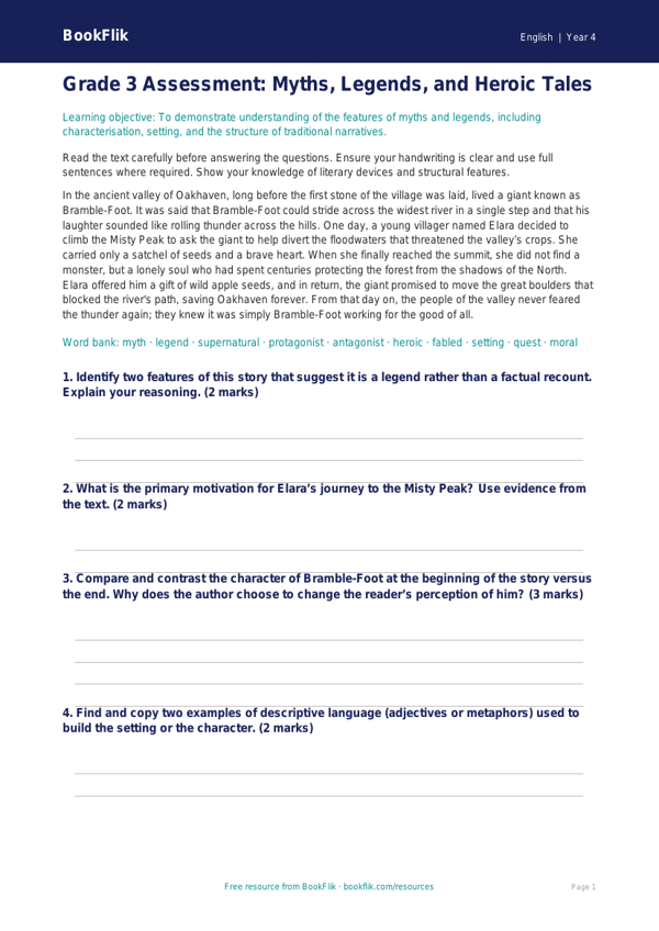 Free Myths And Legends Assessment | Grade 3 | ELA | BookFlik worksheet preview — English Myths And Legends