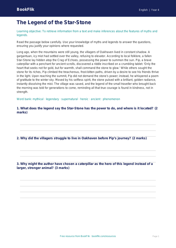 Free Myths And Legends Comprehension | Grade 3 | ELA | BookFlik worksheet preview — English Myths And Legends
