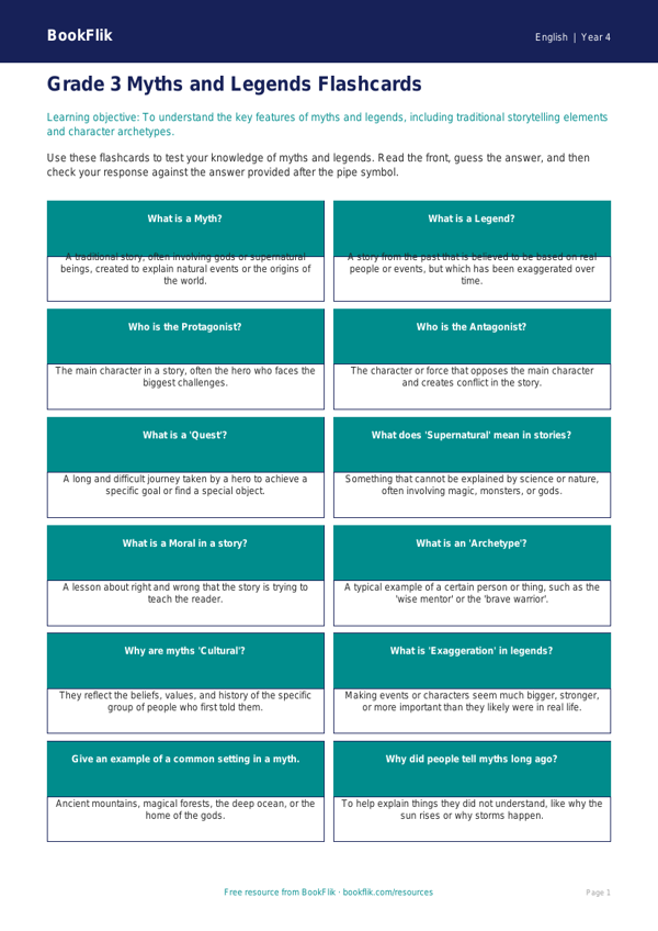 Free Myths And Legends Flashcards | Grade 3 | ELA | BookFlik worksheet preview — English Myths And Legends