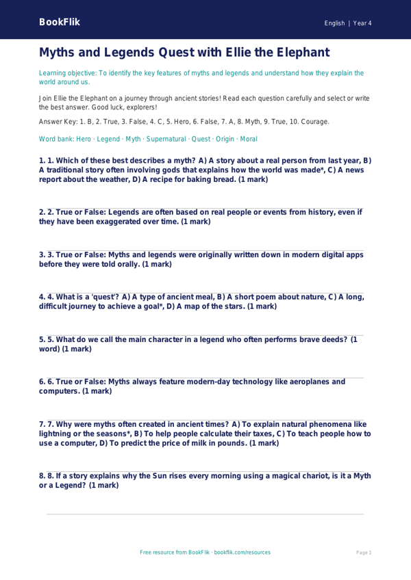 Free Myths And Legends Quiz | Grade 3 | ELA | BookFlik worksheet preview — English Myths And Legends