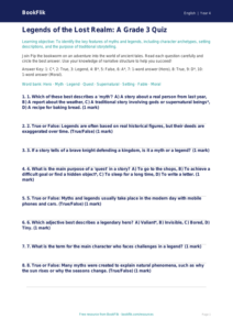Free Myths And Legends Quiz | Grade 3 | ELA | BookFlik