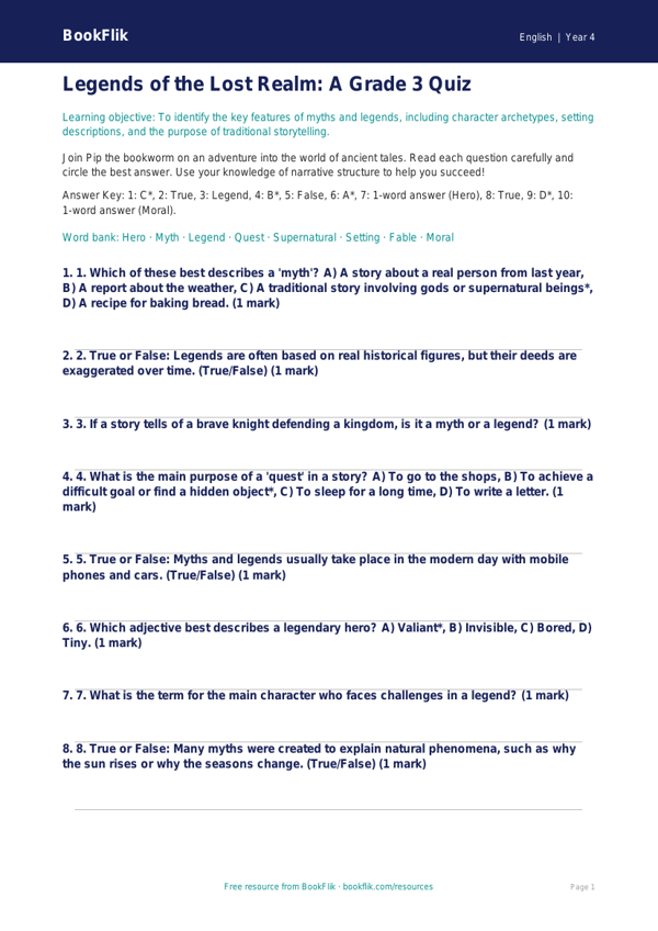 Free Myths And Legends Quiz | Grade 3 | ELA | BookFlik worksheet preview — English Myths And Legends