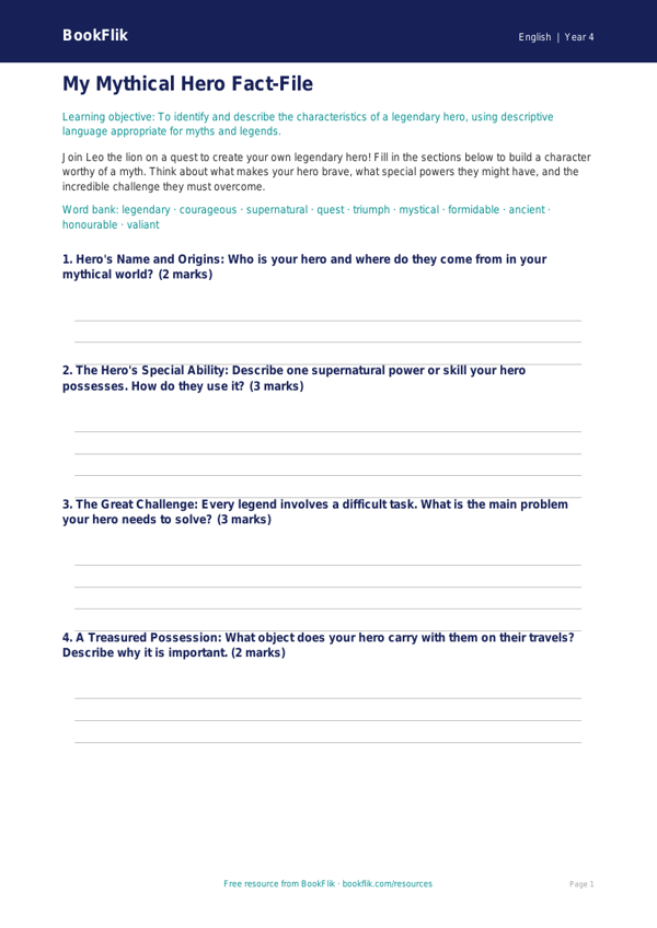 ELA myths and legends template grade 3 core worksheet preview — English Myths And Legends