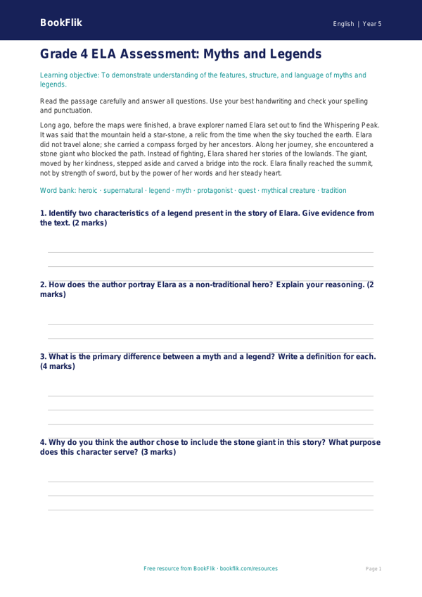 Free Myths And Legends Assessment | Grade 4 | ELA | BookFlik worksheet preview — English Myths And Legends
