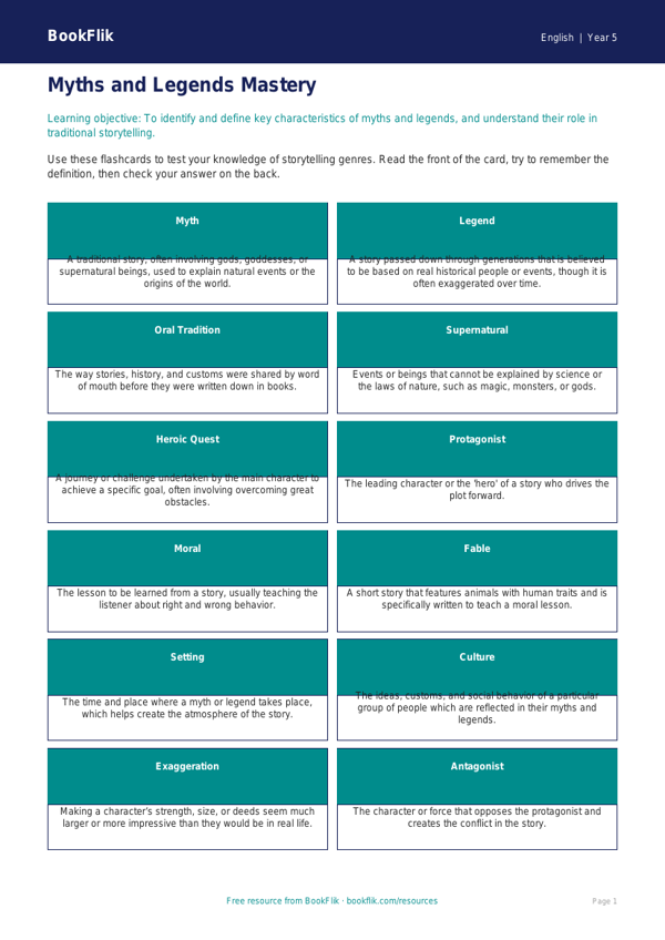 Free Myths And Legends Flashcards | Grade 4 | ELA | BookFlik worksheet preview — English Myths And Legends
