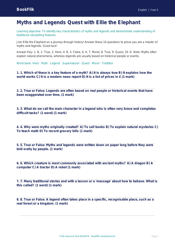 Free Myths And Legends Quiz | Grade 4 | ELA | BookFlik worksheet preview — English Myths And Legends