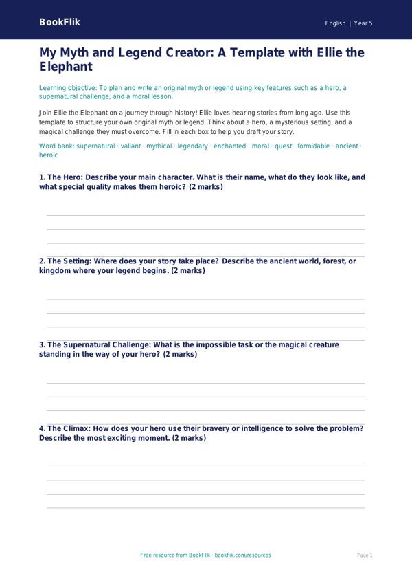 Free Myths And Legends Template | Grade 4 | ELA | BookFlik worksheet preview — English Myths And Legends