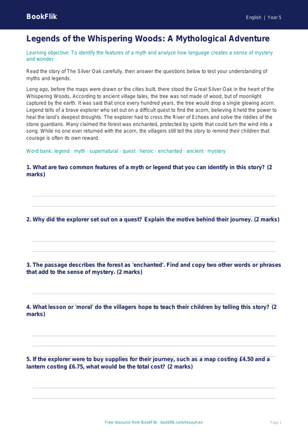 Free Myths And Legends Track Sheet | Grade 4 | ELA | BookFlik worksheet preview — English Myths And Legends